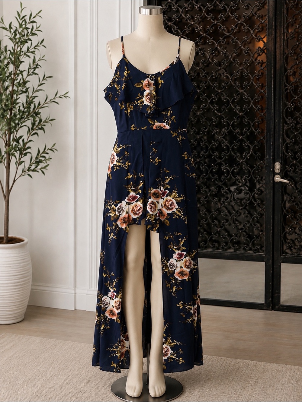 🆕 Navy Floral Split-Leg Jumpsuit/ROMPER DRESS SMALL